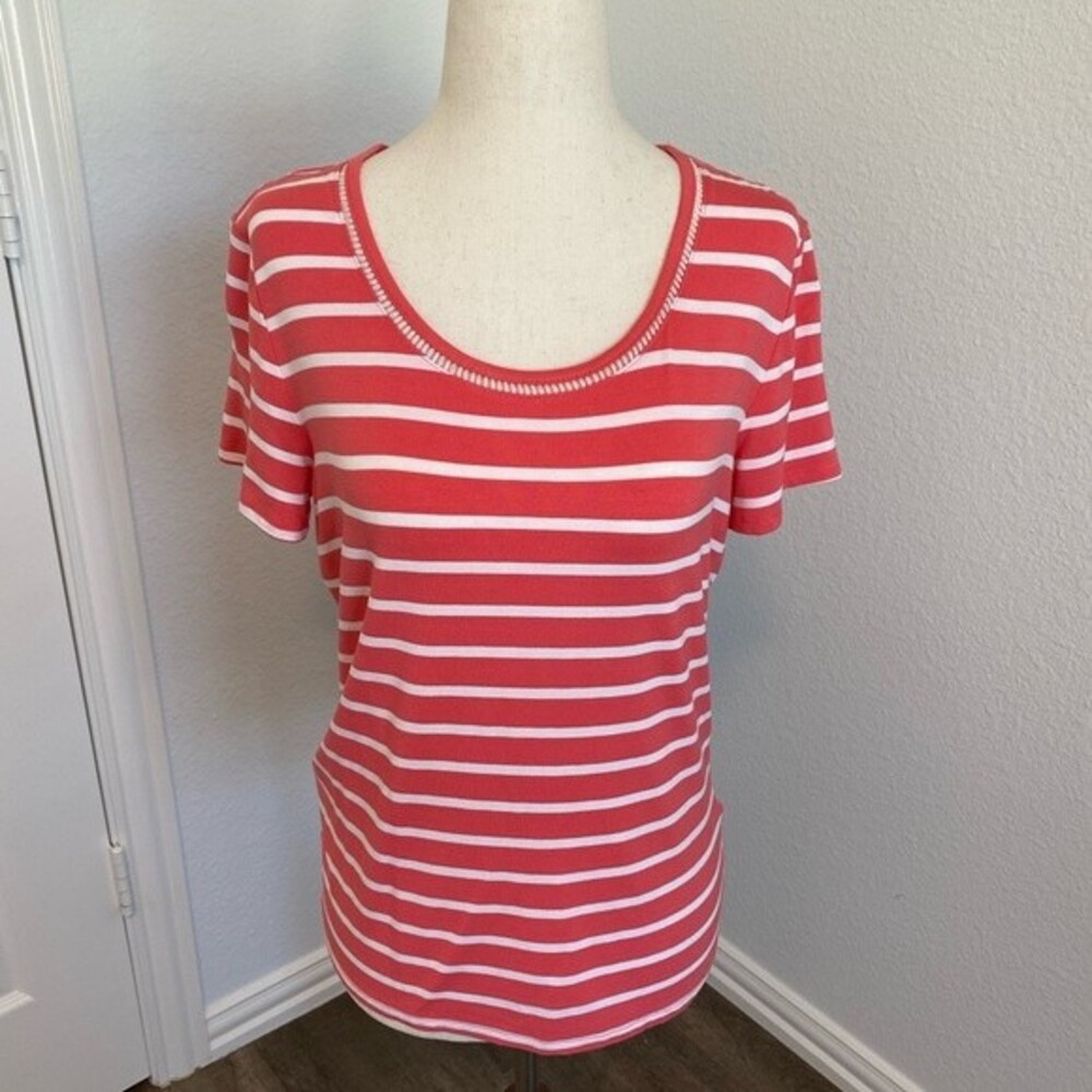 TOMMY HILFIGER ladies top coral cream stripe unique neck detail SP